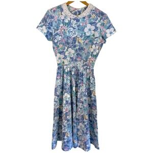 Vintage 90s EXPO Floral Peter Pan Collar Midi Dress Cottagecore Prairie 9/10 S